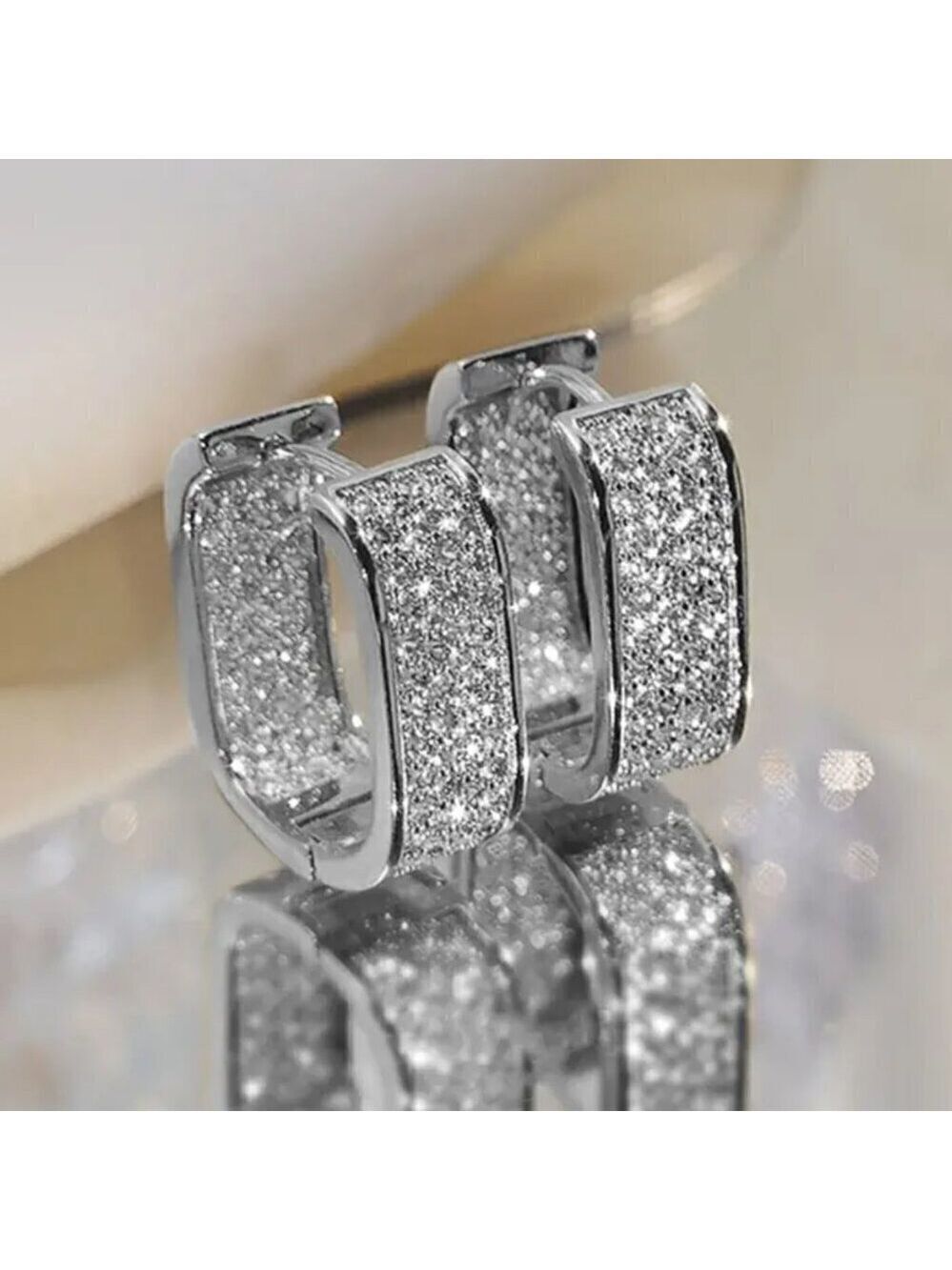 Rectangular Zircon Hoops Silver Tone with Lots of Bling #1418